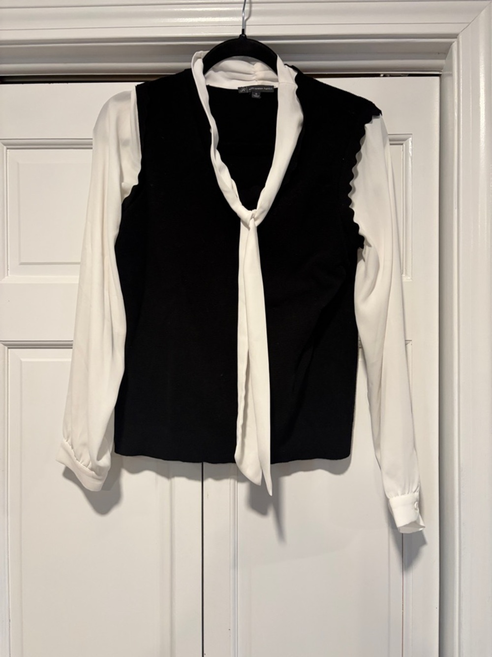 Adrianna Papell Chic Black & White Tie-Neck Layered Top